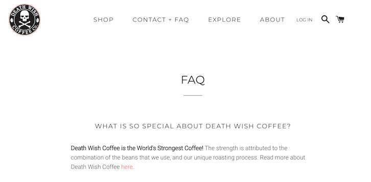 Приклад сторінки FAQ компанії Death Wish Coffee