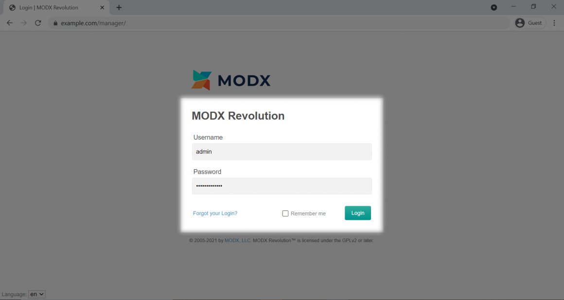 Страница логина в админку MODX