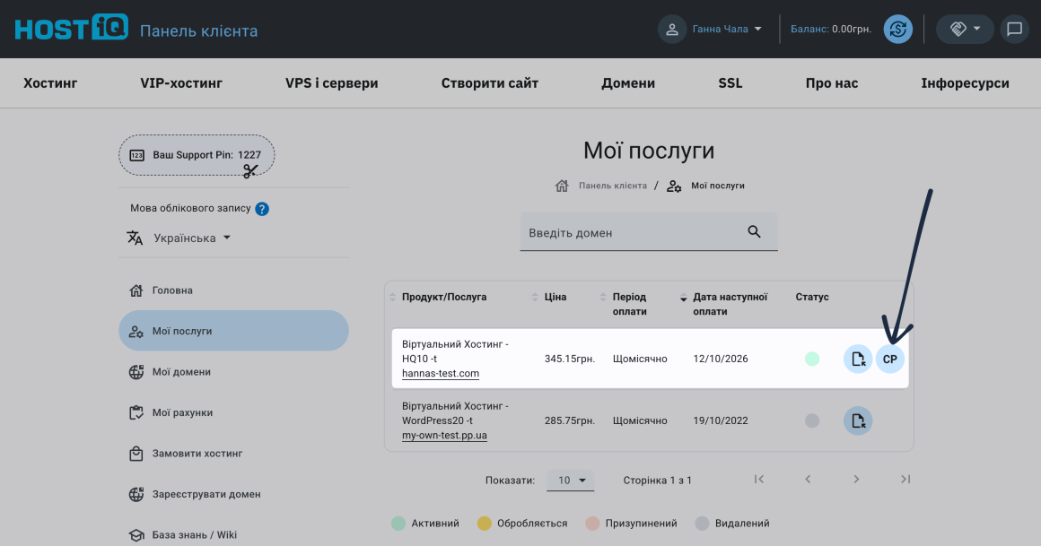 Контрольная панель в панели клиента