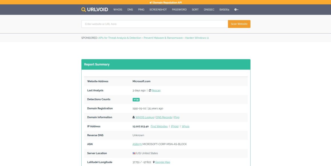 Сервіс перевірки репутації сайту Urlvoid