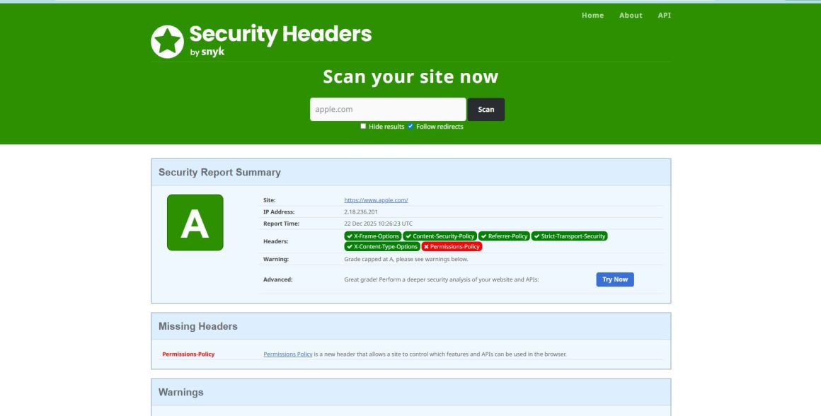 Пример проверки сайта сервисом SecuryHeaders