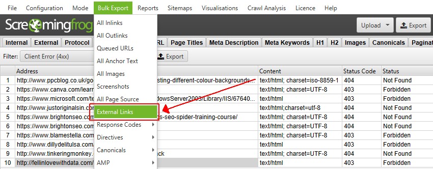 Пример выгрузки ссылок в сервисе Screaming Frog