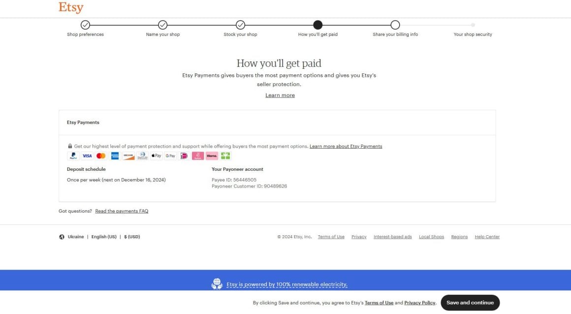 Завершення налаштування оплати Etsy