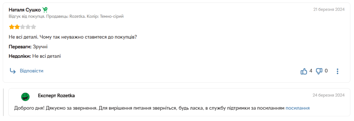 Пример отзыва эксперта интернет-магазина Rozetka