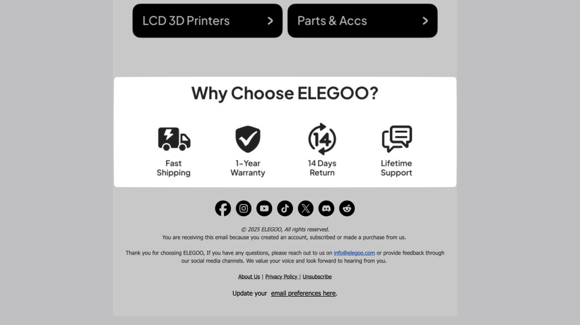 Рассылка от Elegoo с блоком преимуществ бизнеса