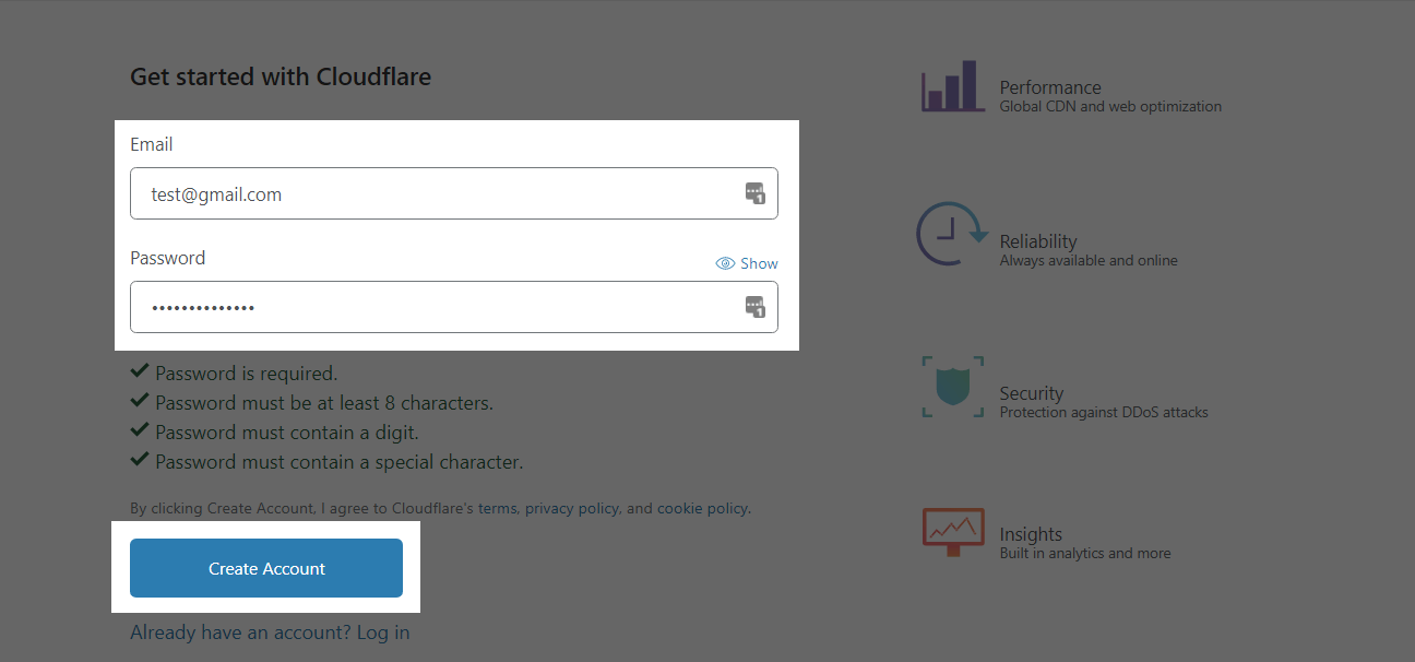 Hosting Cloudflare — страница регистрации аккаунта