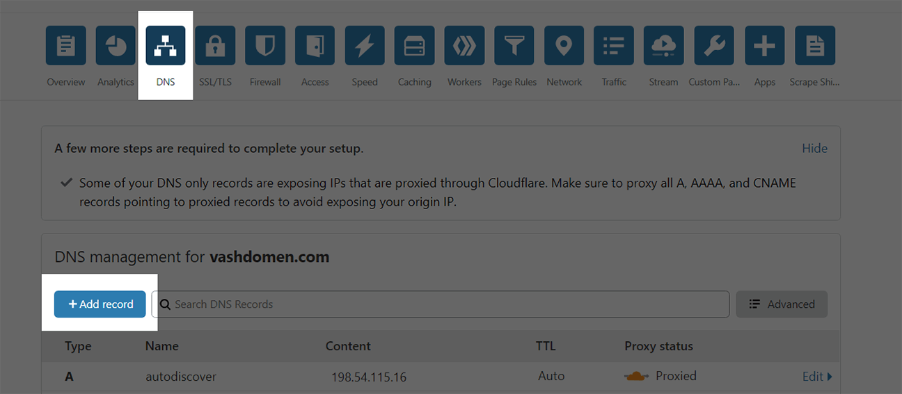 Настройка DNS на стороне Cloudflare