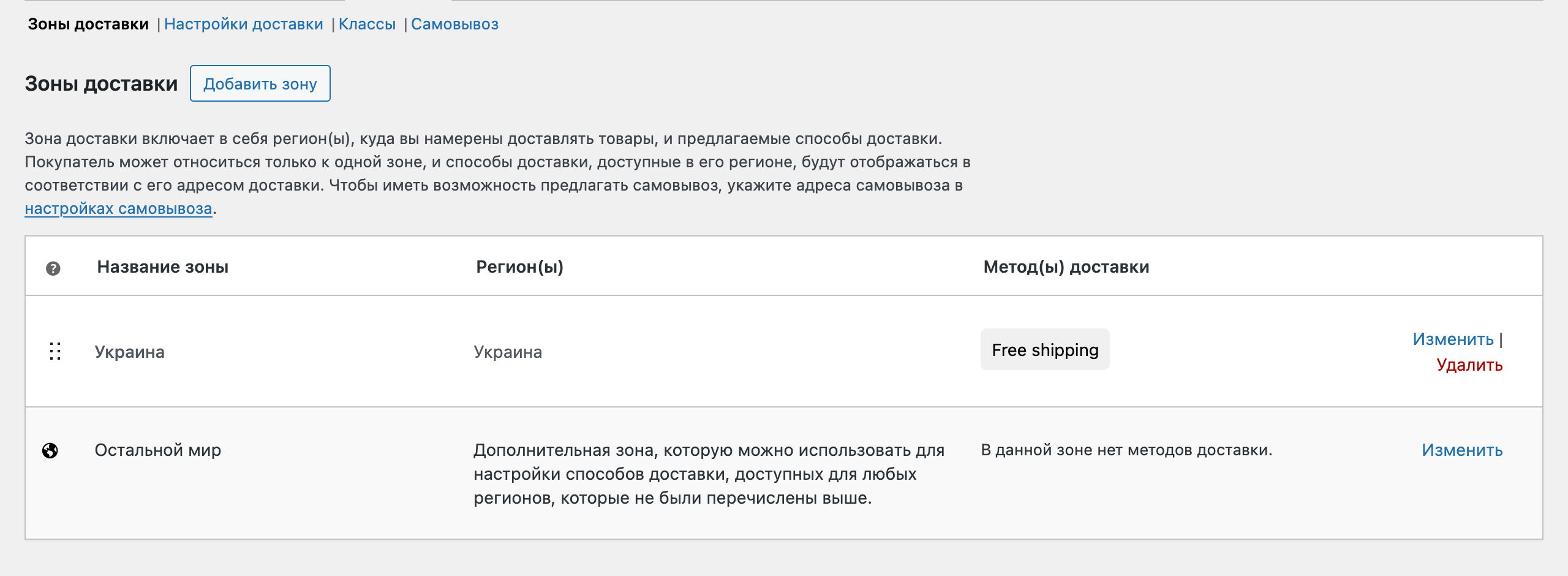 Зоны доставки по умолчанию в WooCommerce