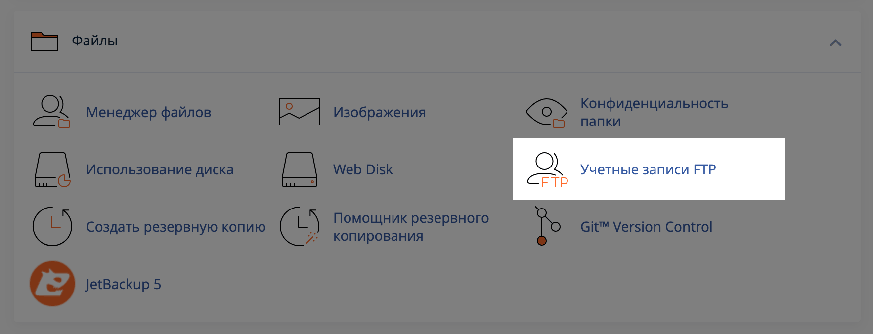 Раздел &laquo;Учетные записи FTP&raquo; в блоке &laquo;Файлы&raquo; на главной странице cPanel