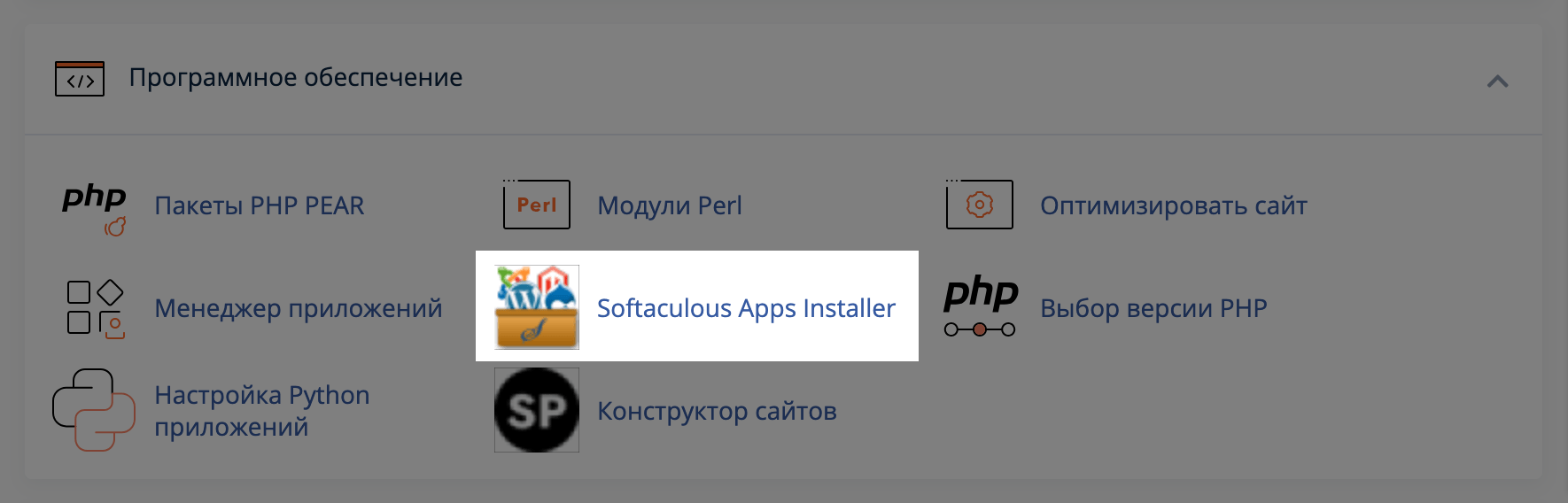 Раздел &laquo;Softaculous Apps Installer&raquo; в блоке &laquo;Программное обеспечение&raquo; на главной странице cPanel
