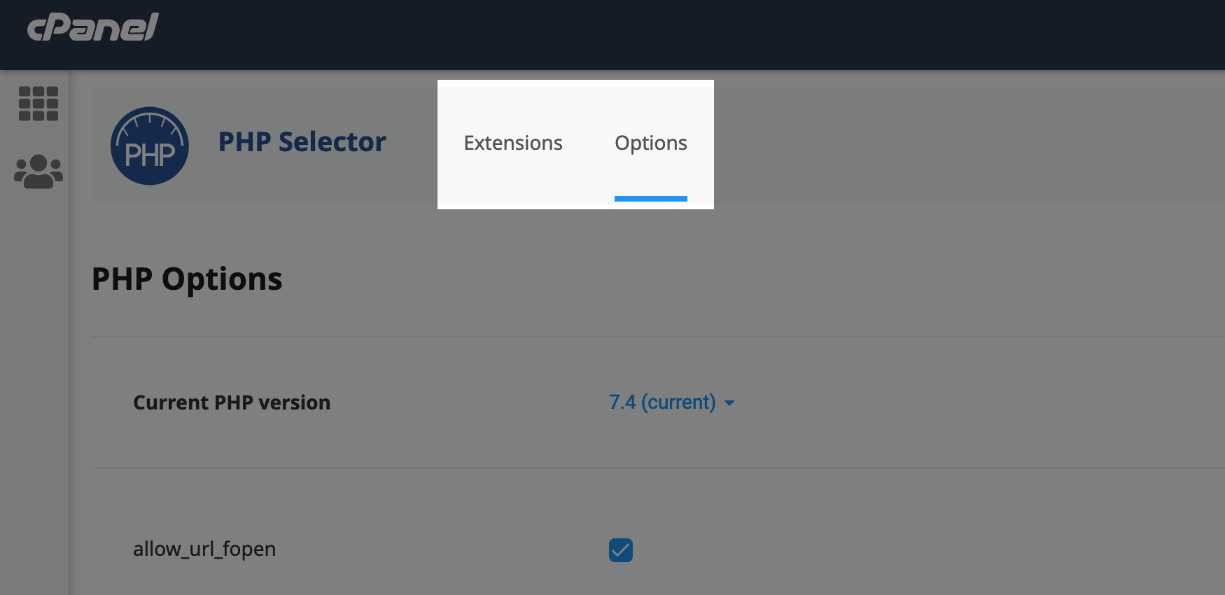 Вкладка «Options» в розділі «Select PHP Version»