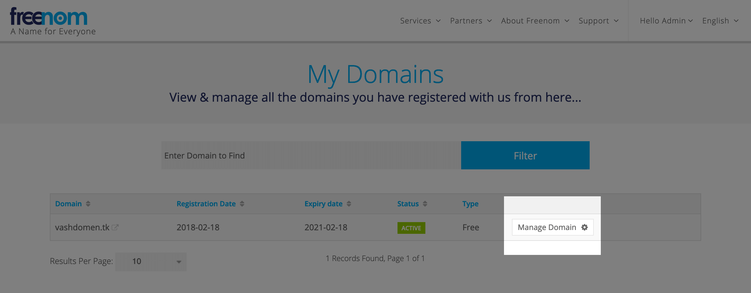 Кнопка «Manage Domain» у списку з доменами