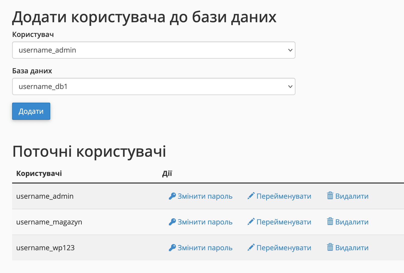 Список всіх користувачів MySQL в розділі «Бази даних MySQL».