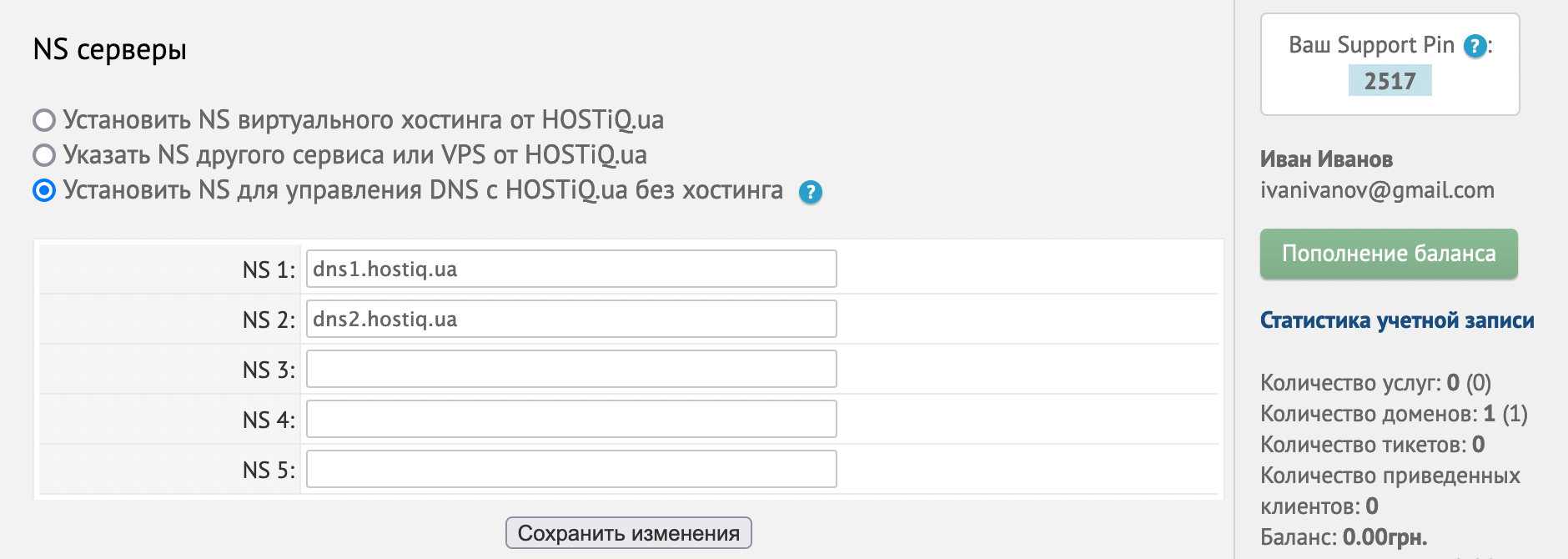 Вариант «Установить NS для управления DNS с HOSTiQ.ua без хостинга» в блоке «NS серверы» в параметрах домена