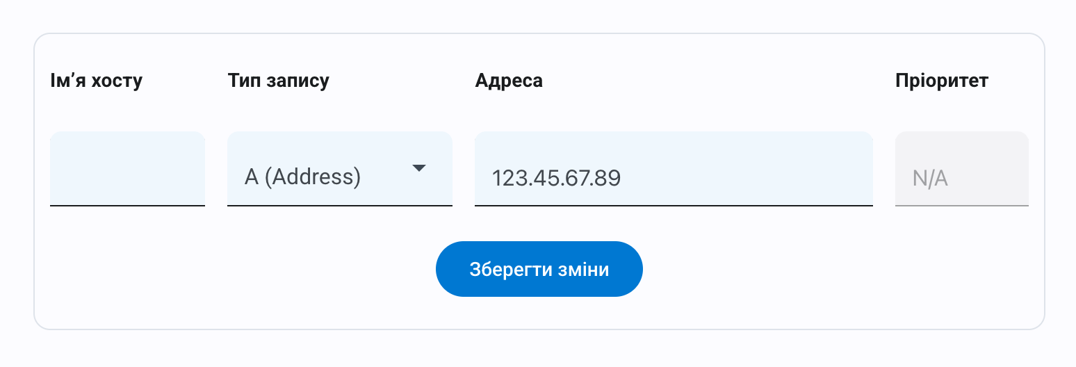 Приклад заповнення A запису в розділі «Керування DNS»