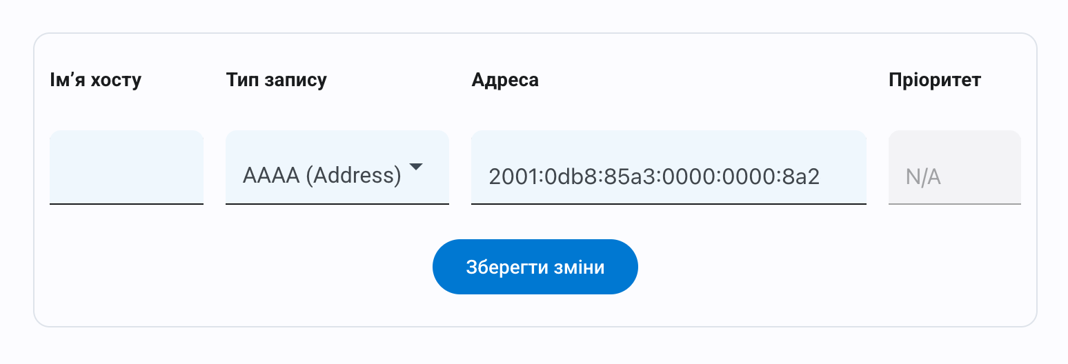 Приклад заповнення запису АААА в розділі «Керування DNS»