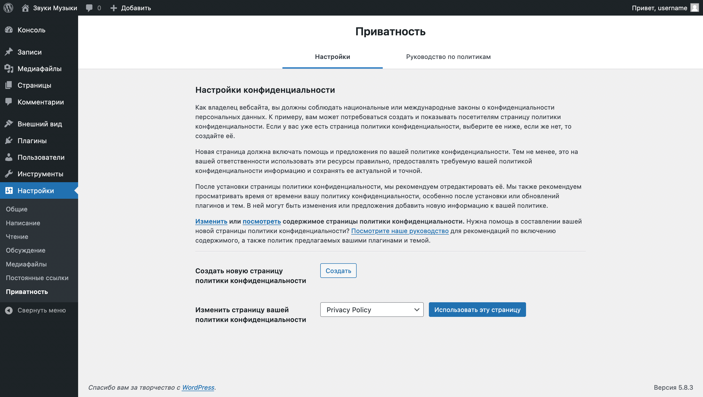 Настройка WordPress после установки на хостинг: раздел «Настройки – Приватность»