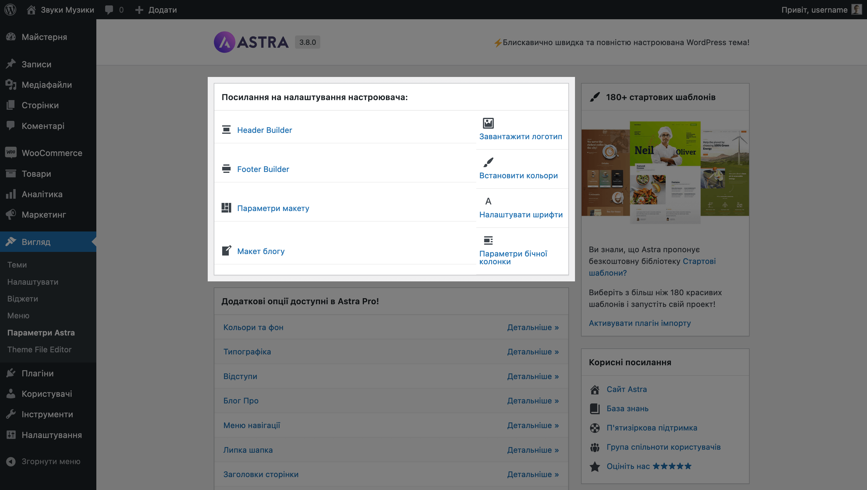 Блок «Посилання на розділи налаштувача» у розділі «Налаштування Astra» консолі WordPress