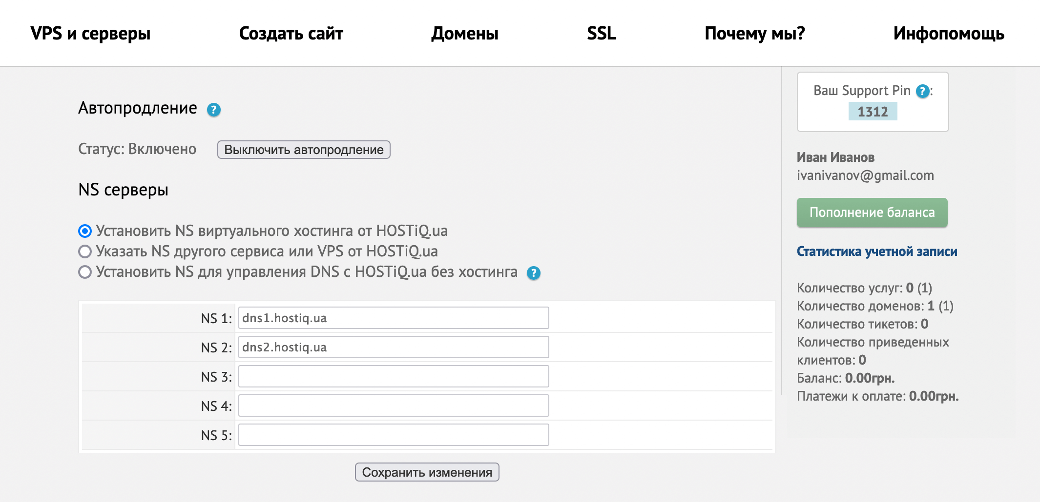 Перенос WP на другой домен — Блок «NS серверы» в деталях домена