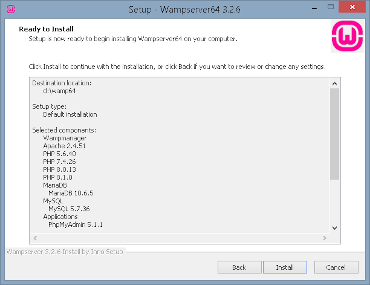 Встановлення Вордпрес на локальний комп'ютер — Екран підтвердження перед встановленням Wampserver