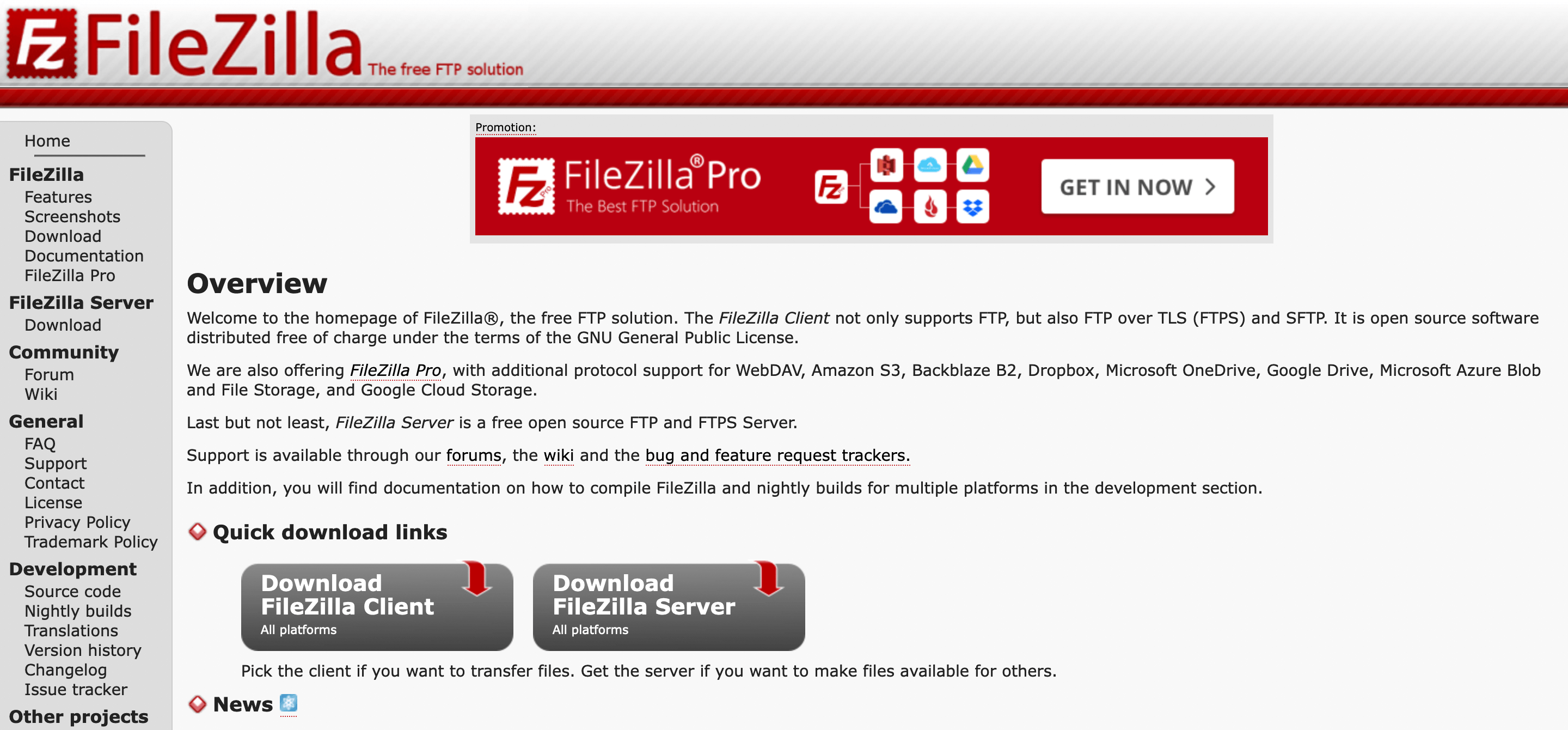 Головна сторінка офіційного сайту Файлзілла