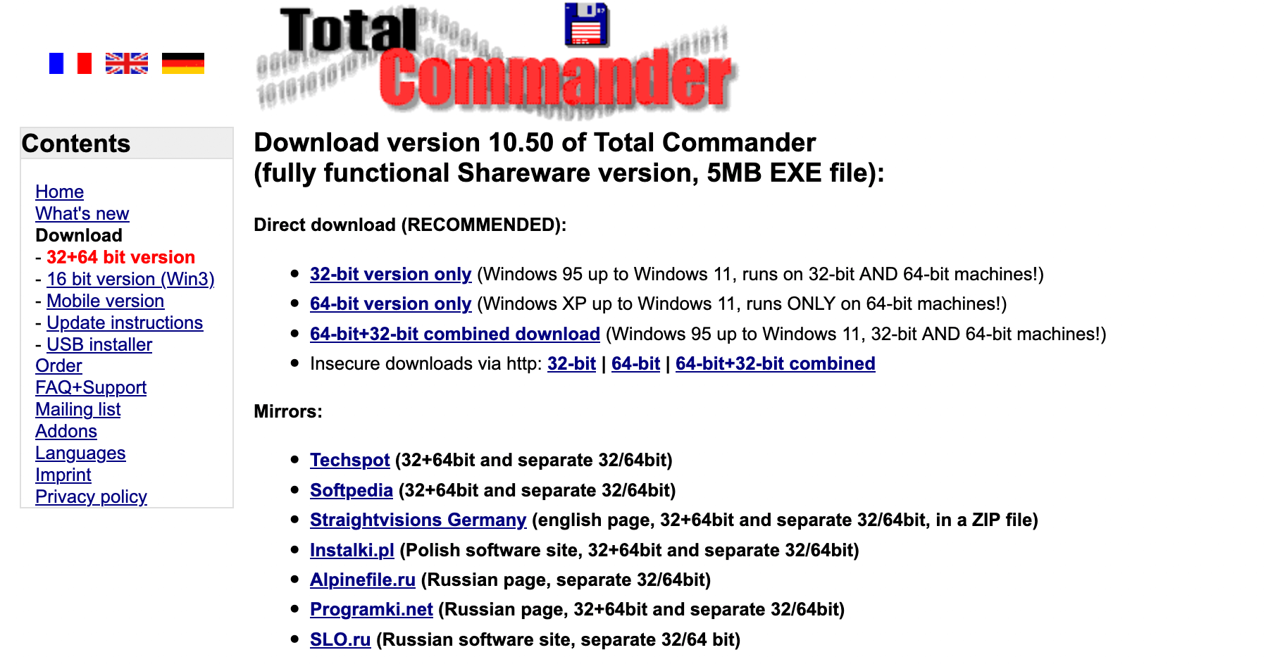 Сторінка «Завантаження» на офіційному сайті Total Commander