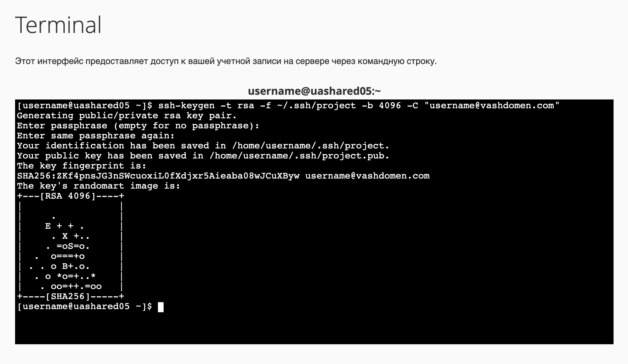 Результат создания SSH-ключей в терминале cPanel