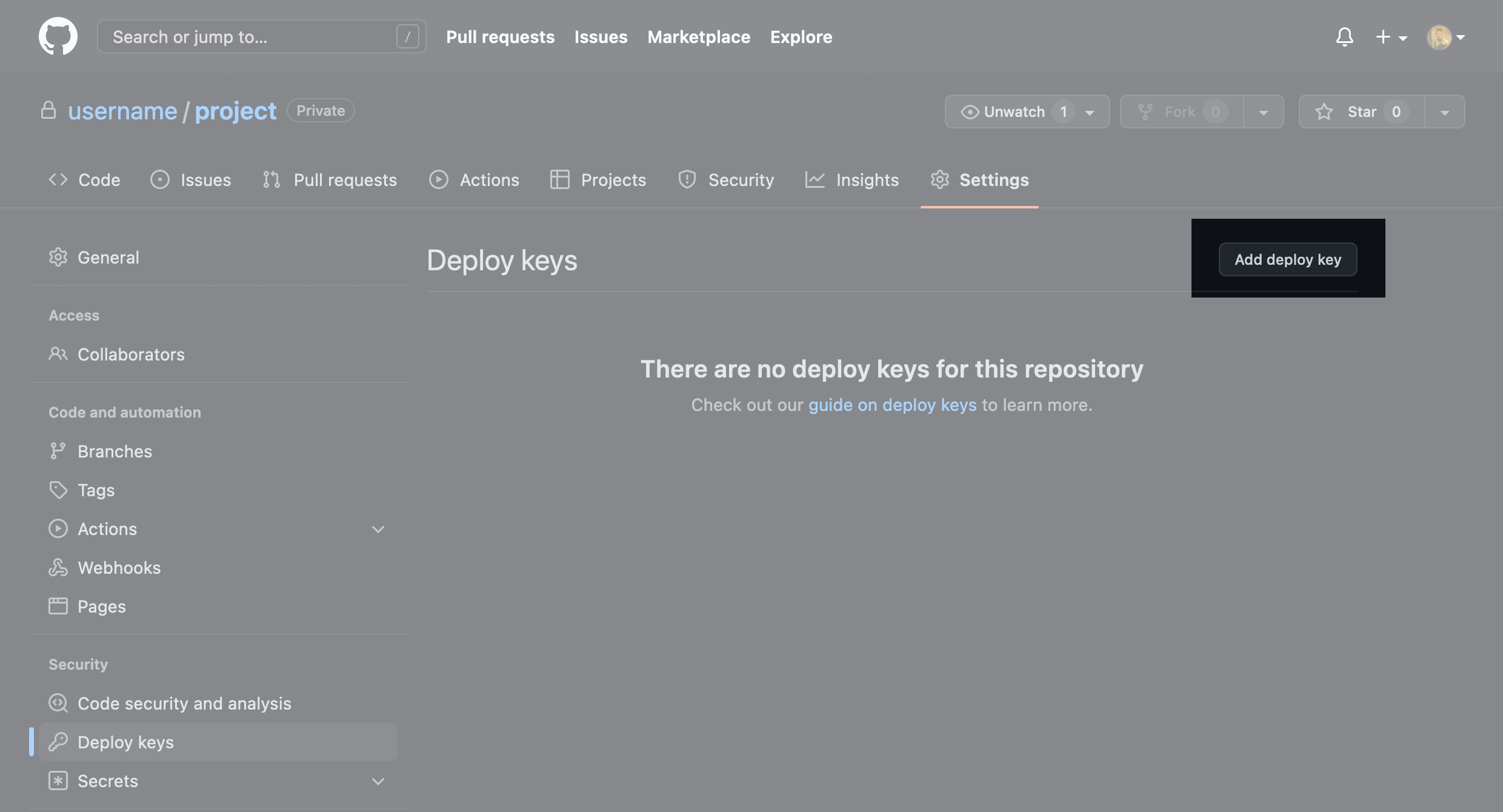 Кнопка «Add deploy key» на сайте Github