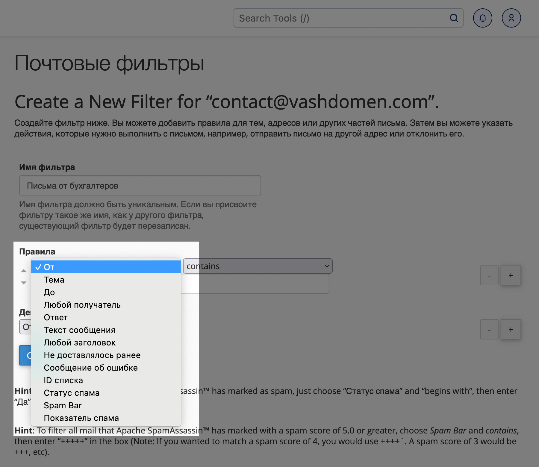 Как создать фильтр для почты в cPanel | HOSTiQ Wiki