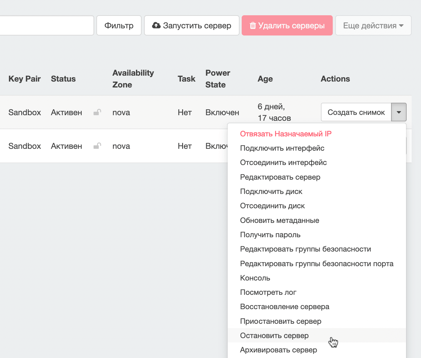 Опция «Остановить сервер» в колонке «Actions»