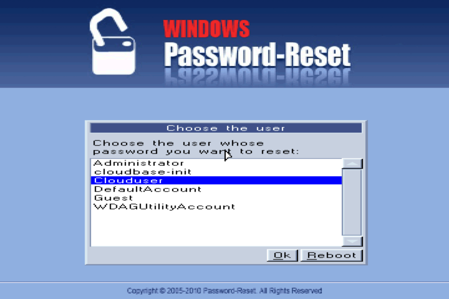 Окно выбора пользователя в утилите Windows Password Reset