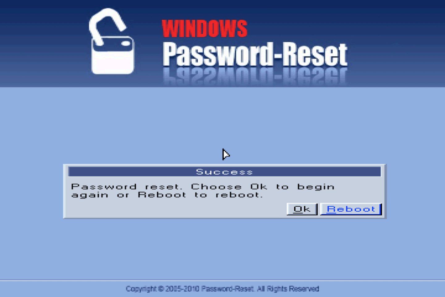 Успешный сброс пароля в утилите Windows Password Reset