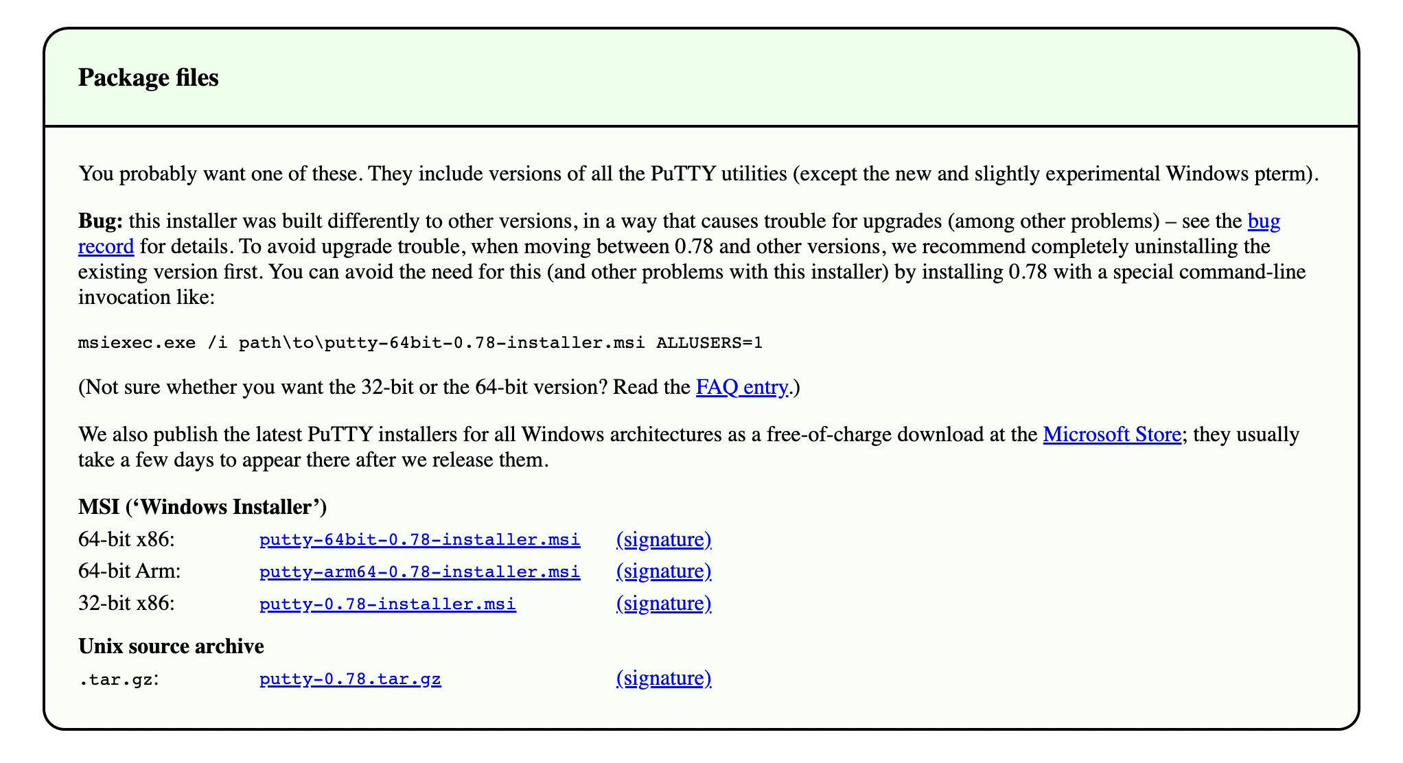 Блок «Package files» на официальном сайте для скачивания PuTTY