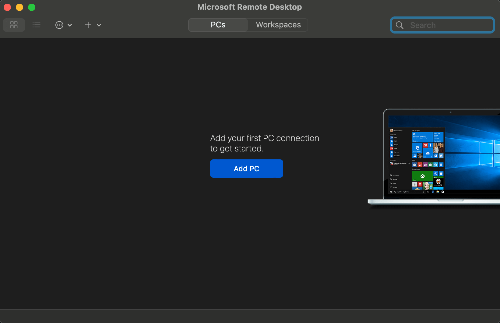 Домашняя страница приложения «Microsoft Remote Desktop»