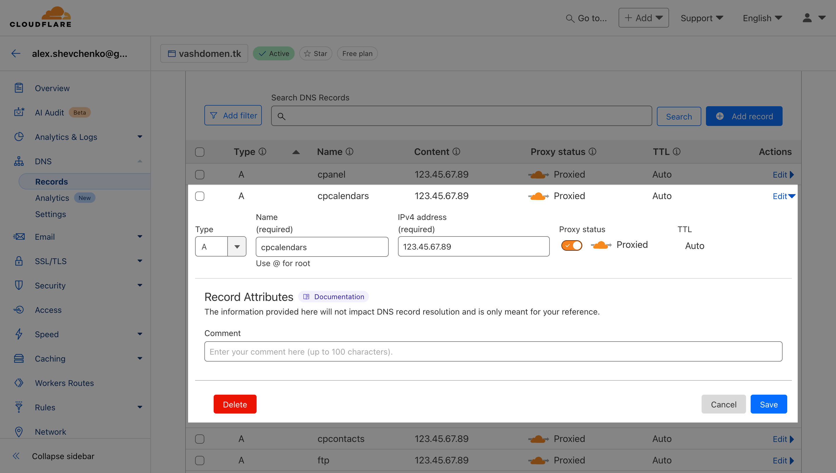 Cloudflare - як видалити DNS-запис