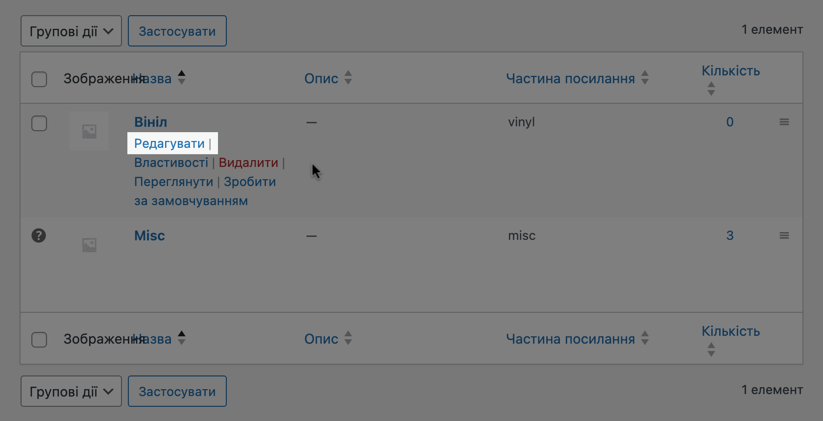 Кнопка «Редагувати» у розділі «Товари – Категорії»