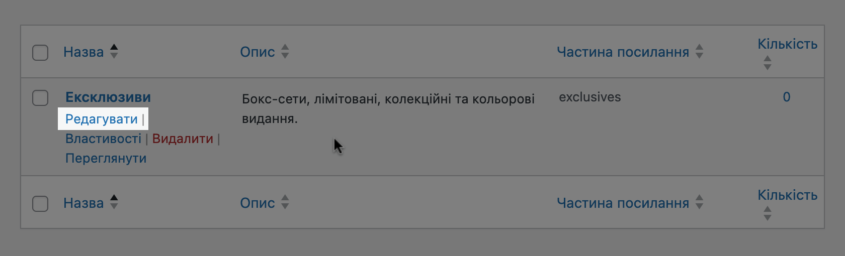 Кнопка «Редагувати» у розділі «Товари – Мітки»