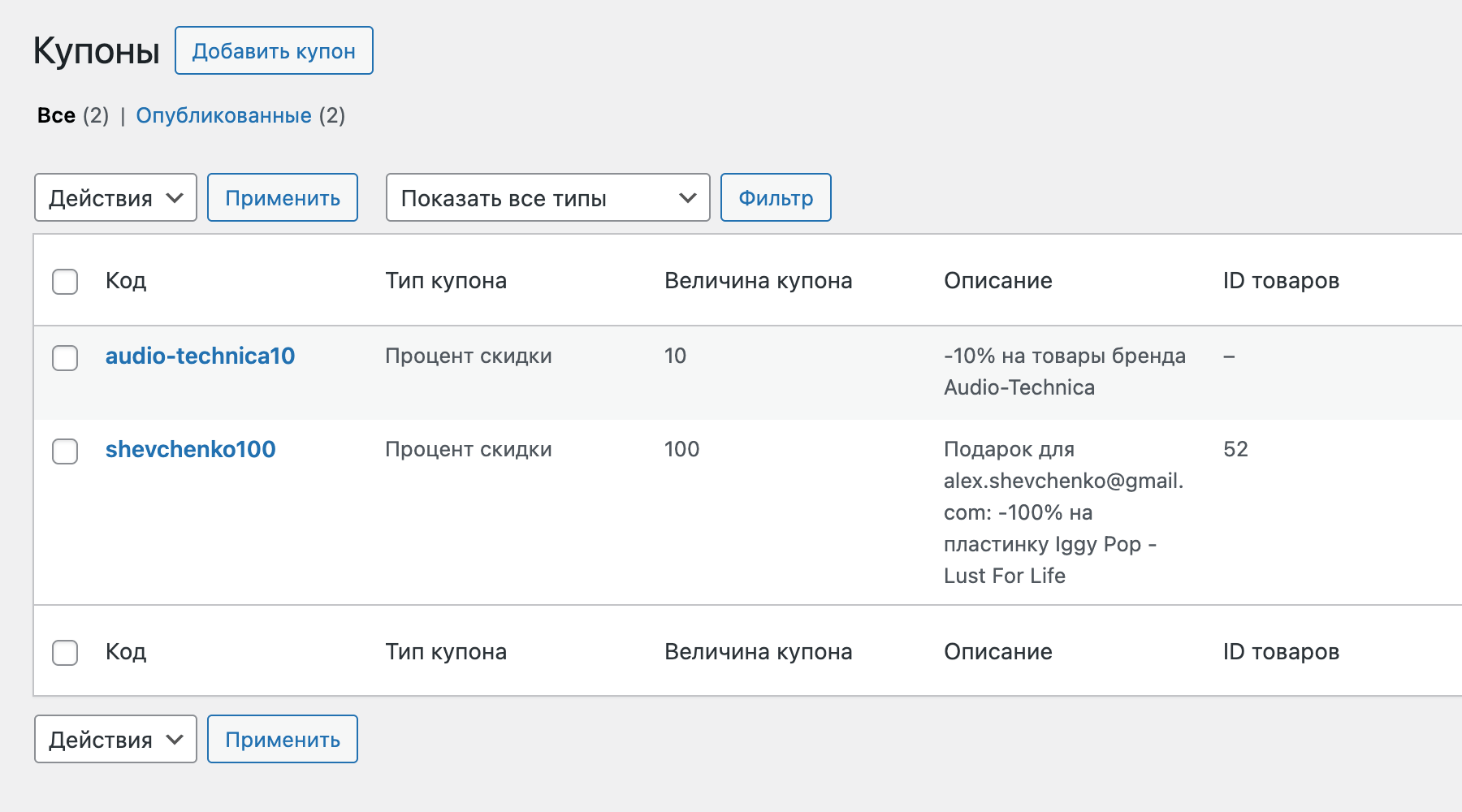 Раздел «Купоны» в WooCommerce
