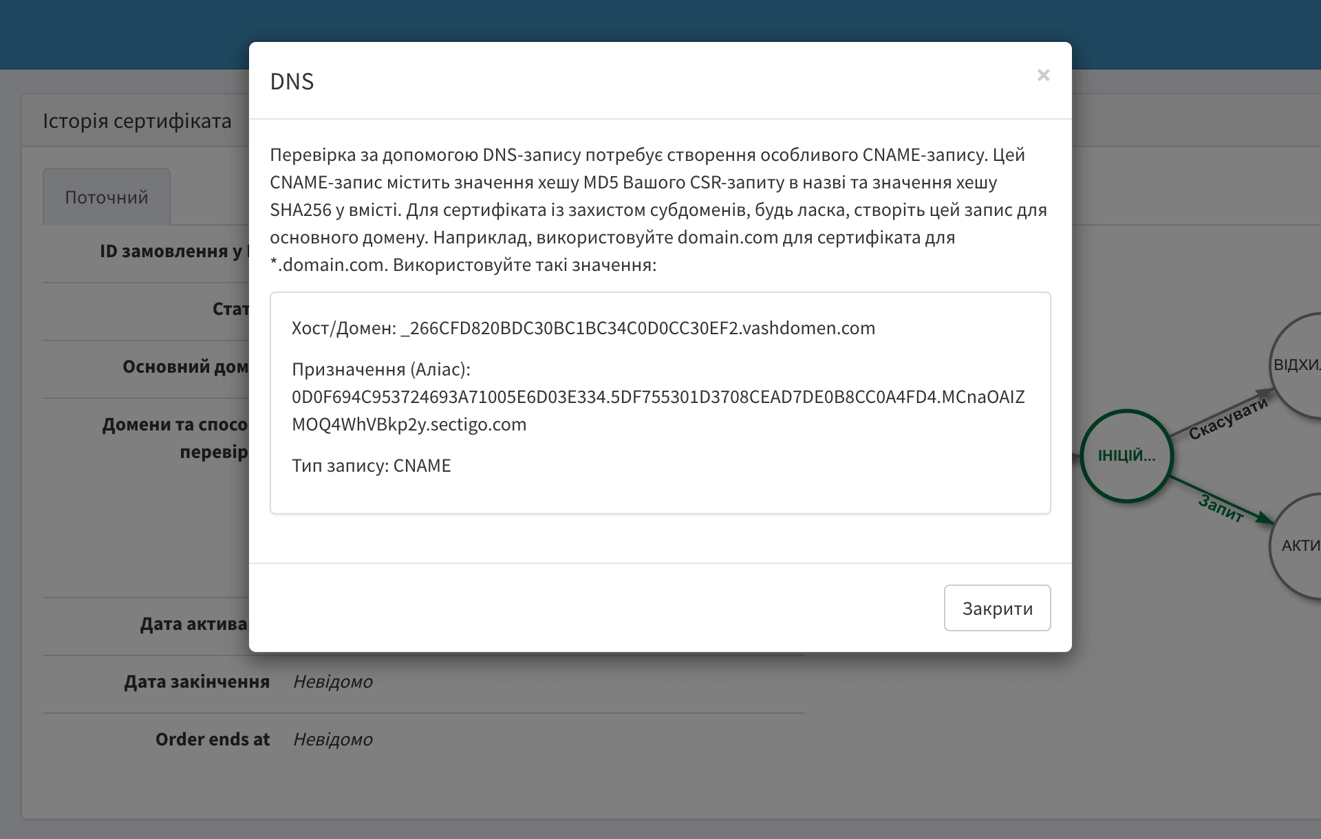 Секція «Історія сертифікату» у SSL-панелі