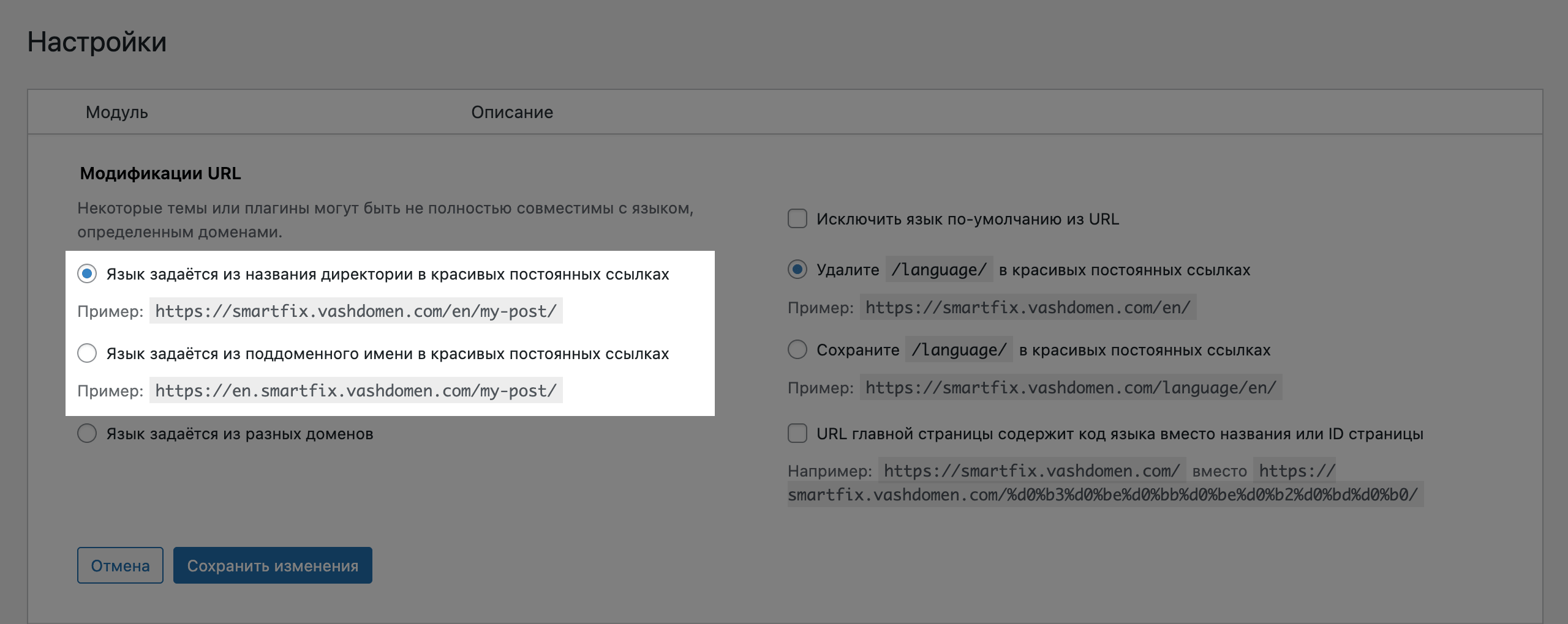 Настройка Polylang &mdash; Модификации URL (язык в поддомене)