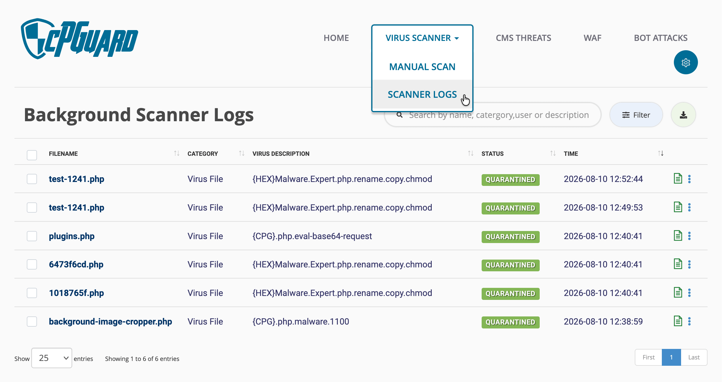 Розділ «Virus Scanner – Scanner Logs» у додатку «cPGuard» у cPanel